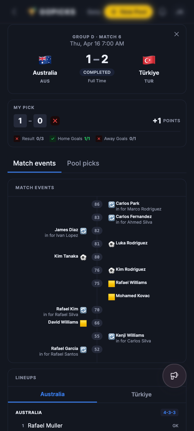 Vista en vivo del partido en GoPicks con goles, tarjetas y puntos sumando en tiempo real