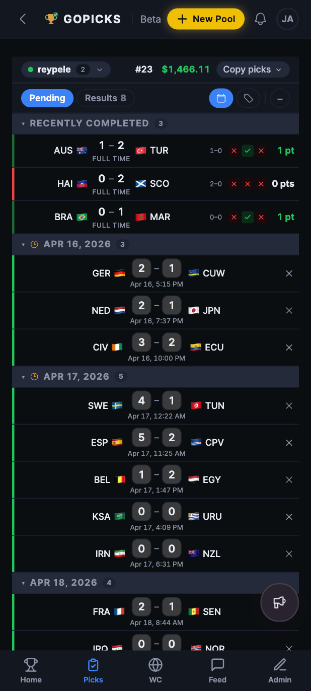 Pantalla de pronósticos de GoPicks para elegir cada partido del Mundial 2026 antes del pitazo